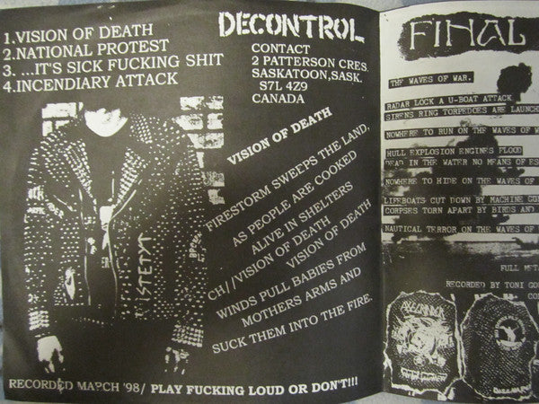 Decontrol (3) / Final Massakre : Vision Of Death / Waves Of War (7", Num, W/Lbl)