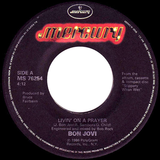 Bon Jovi : Livin' On A Prayer (7", Single)