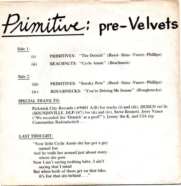 Various : Primitive: Pre-Velvets (7", EP, Comp, Unofficial, Whi)