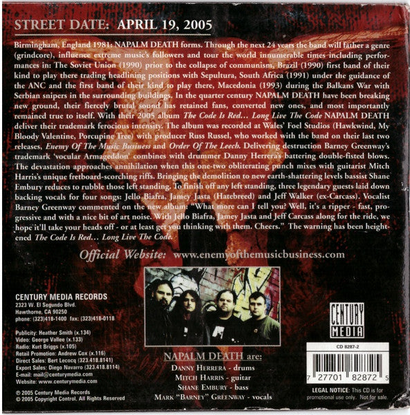Napalm Death : The Code Is Red... Long Live The Code (CD, Album, Enh, Promo)