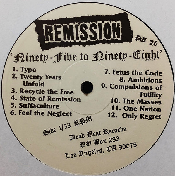Remission : Ninety-Five To Ninety-Eight (LP, Comp)