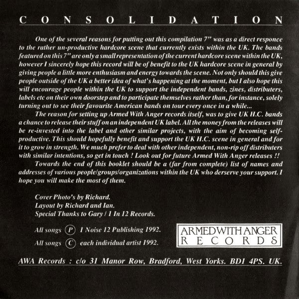 Various : Consolidation (A UK Hardcore Compilation EP.) (7", Comp)
