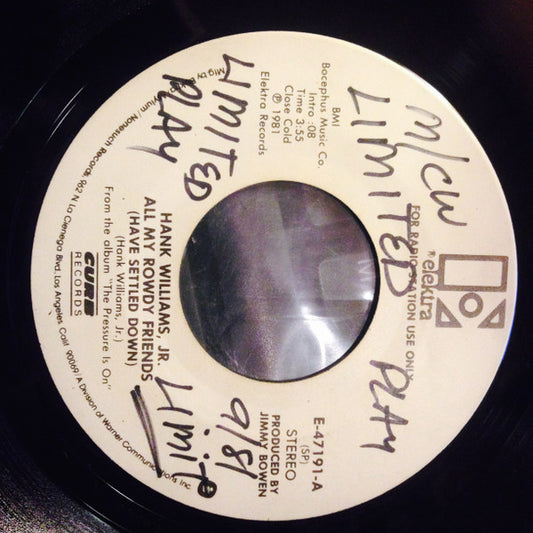 Hank Williams Jr. : All My Rowdy Friends (7", Promo, For)